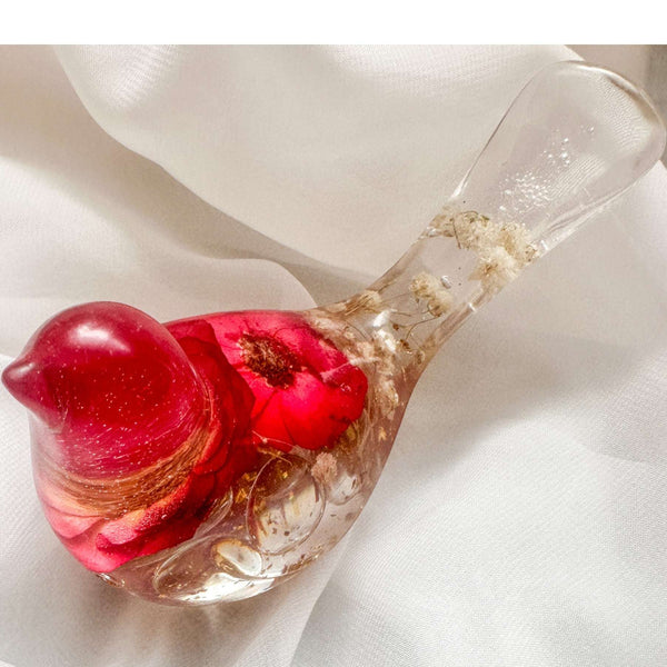 Red Rose Floral Bird - Romantic Handmade Resin Bird Decor with Real Flowers