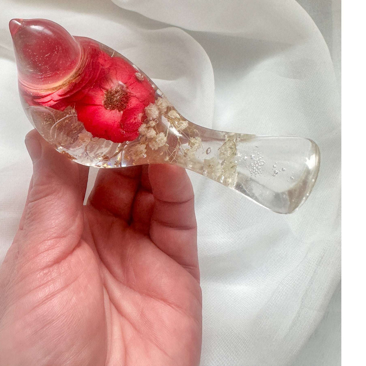Red Rose Floral Bird - Romantic Handmade Resin Bird Decor with Real Flowers