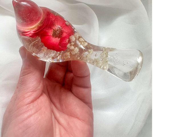 Red Rose Floral Bird - Romantic Handmade Resin Bird Decor with Real Flowers
