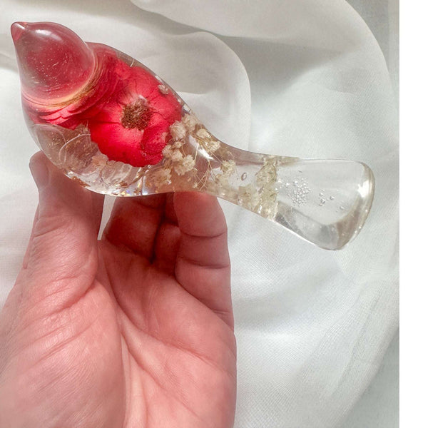 Red Rose Floral Bird - Romantic Handmade Resin Bird Decor with Real Flowers