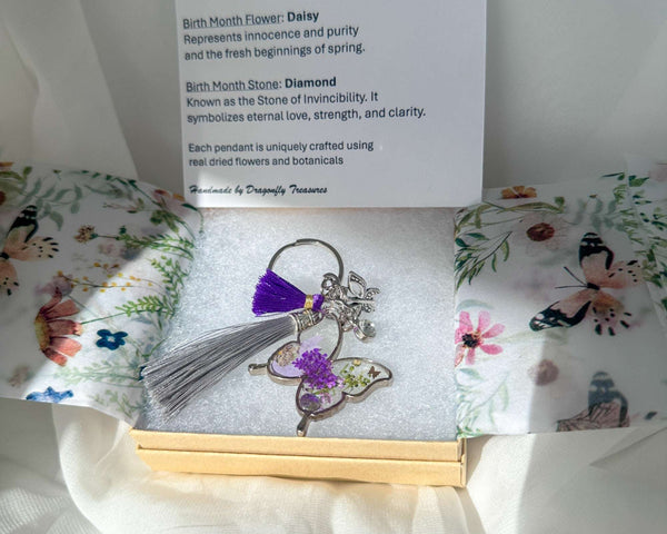 Birth Month Flower Butterfly Keychain -Custom Handmade Floral Keychain
