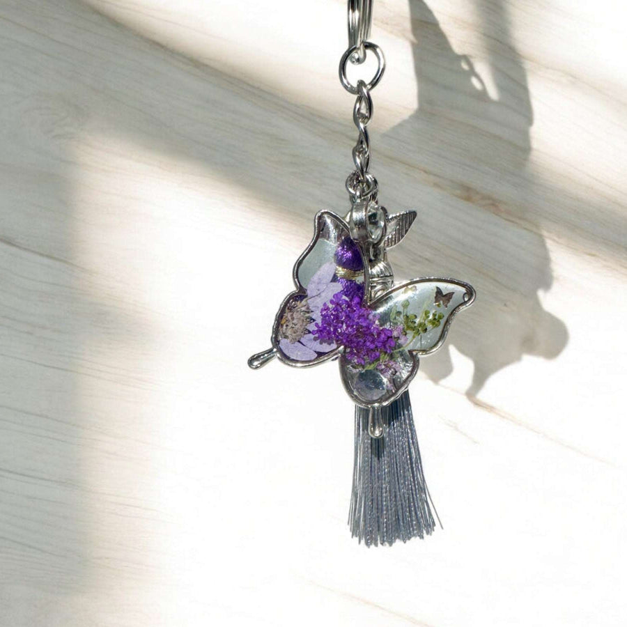 Birth Month Flower Butterfly Keychain -Custom Handmade Floral Keychain