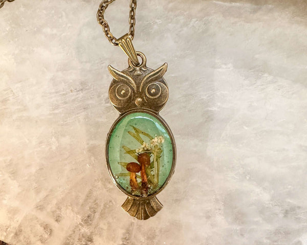 Emerald Woodlands Handmade Botanical Owl Pendant -Keeper of the Forest