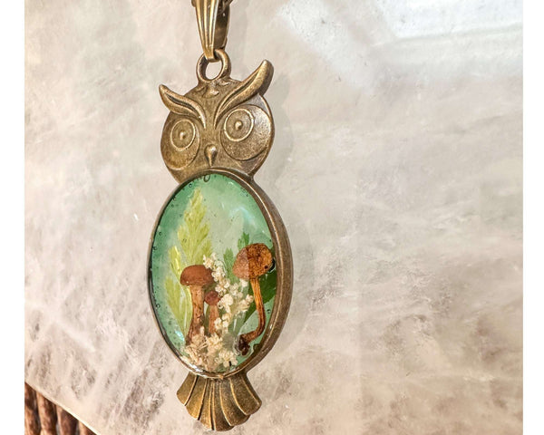 Emerald Woodlands Handmade Botanical Owl Pendant -Keeper of the Forest