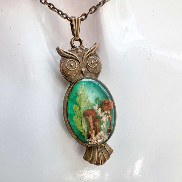Emerald Woodlands Handmade Botanical Owl Pendant -Keeper of the Forest