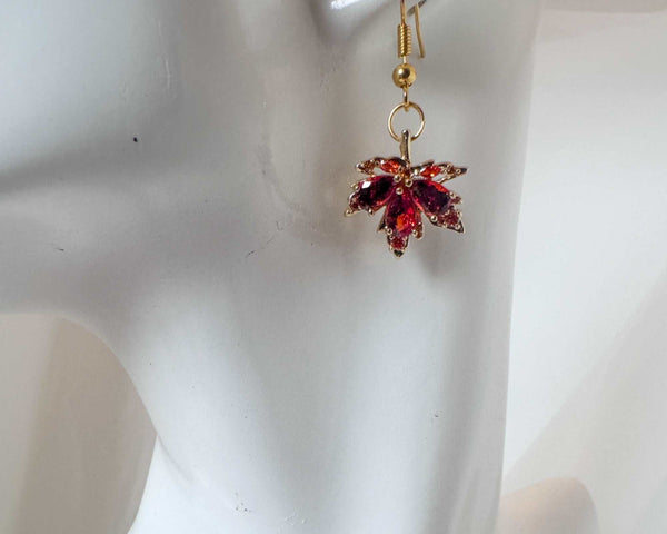 Maple Leaf Drop Earrings - Enchanted Autumn Red Cubic Zirconia Sparkle