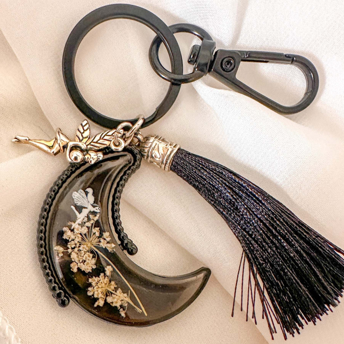 Moonlit Fairy Aurora Keychain - Northern Lights Moon with Flowers