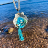 Seashell Car Charm Handmade with Teal Resin, Sand & Seashells