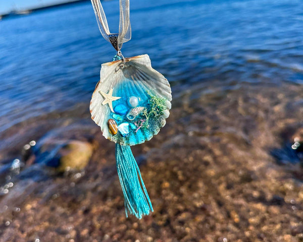 Seashell Car Charm Handmade with Teal Resin, Sand & Seashells