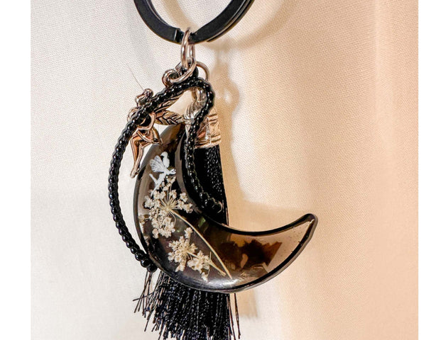Moonlit Fairy Aurora Keychain - Northern Lights Moon with Flowers