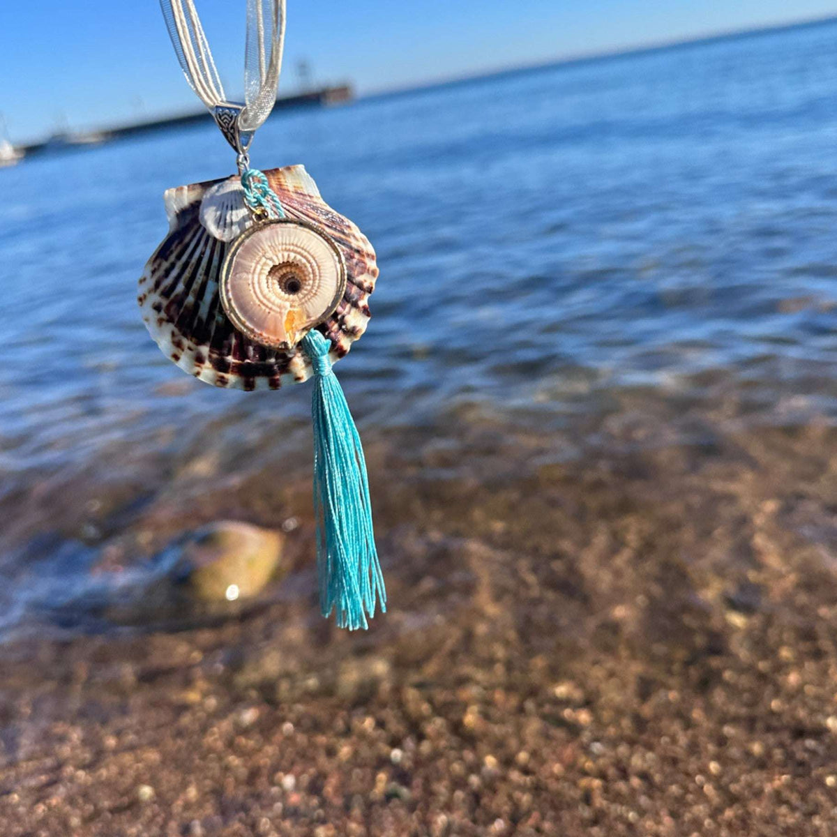 Seashell Car Charm Handmade with Teal Resin, Sand & Seashells