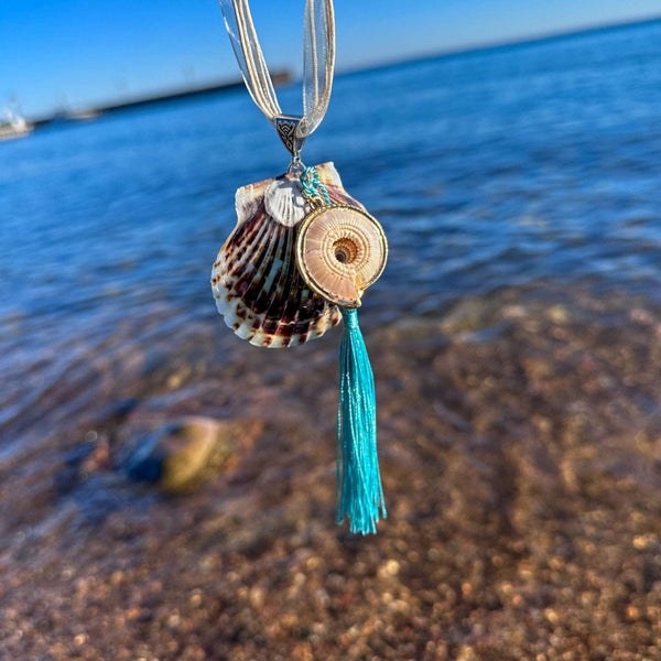 Seashell Car Charm Handmade with Teal Resin, Sand & Seashells