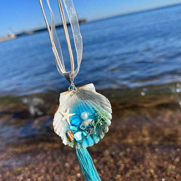 Seashell Car Charm Handmade with Teal Resin, Sand & Seashells