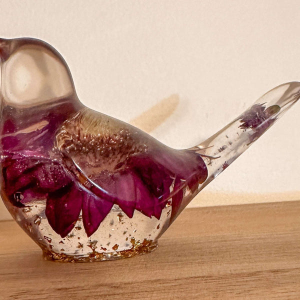 Enchanted Songbird - Handmade Purple Gerbera Daisy Resin Bird Decor