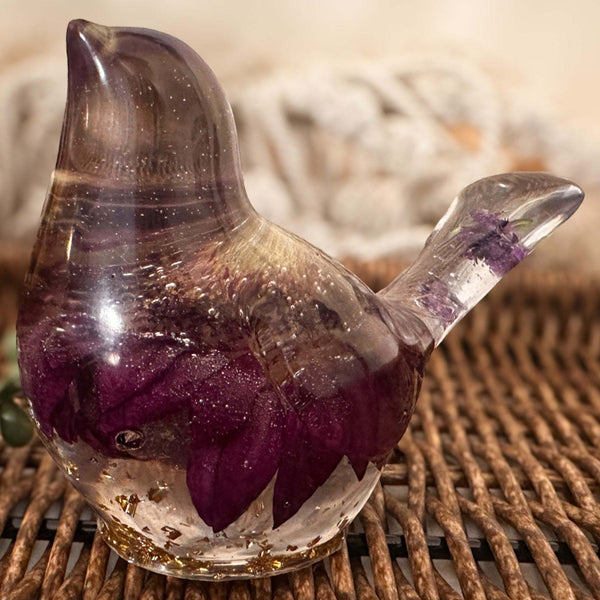 Enchanted Songbird - Handmade Purple Gerbera Daisy Resin Bird Decor