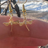 Dragonfly Earrings - Golden Winged Whispers Cubic Zirconia Dragonflies