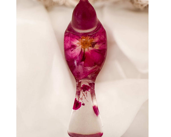 Wild Rose Glow Songbird - Handmade Pink Floral Resin Bird & Gold Leaf