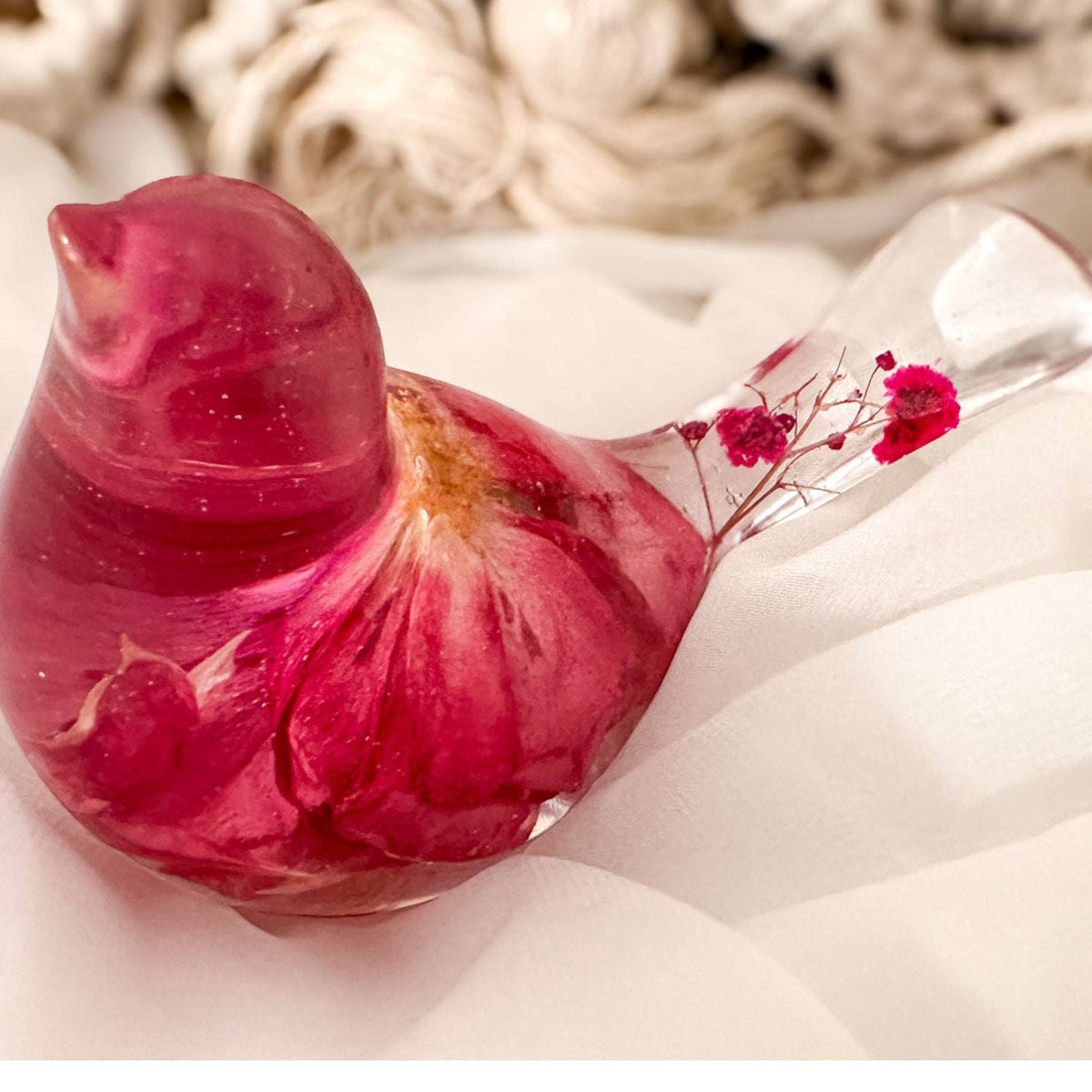Wild Rose Glow Songbird - Handmade Pink Floral Resin Bird & Gold Leaf