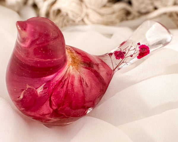 Wild Rose Glow Songbird - Handmade Pink Floral Resin Bird & Gold Leaf