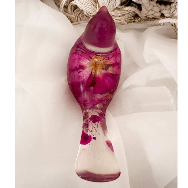 Wild Rose Glow Songbird - Handmade Pink Floral Resin Bird & Gold Leaf