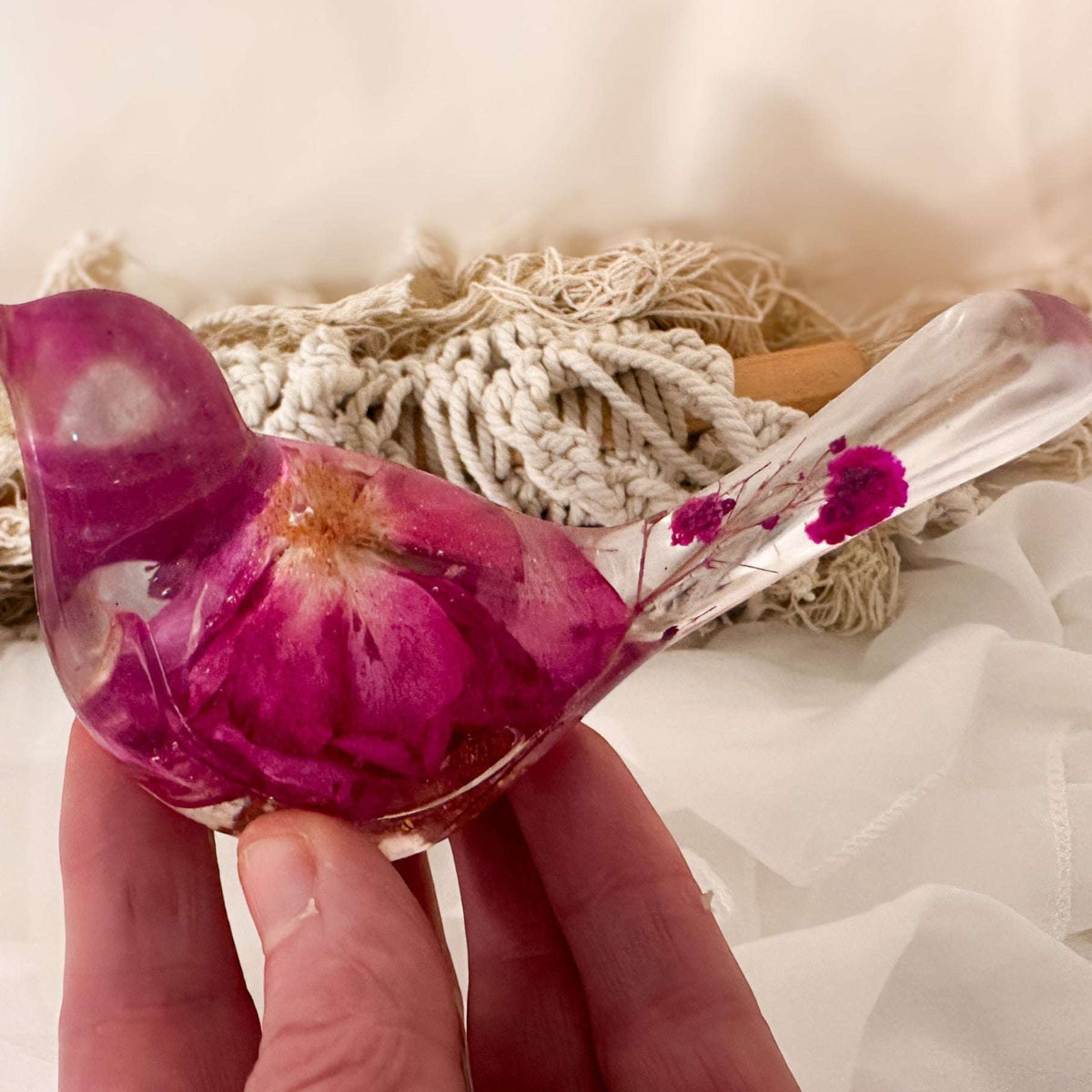 Wild Rose Glow Songbird - Handmade Pink Floral Resin Bird & Gold Leaf