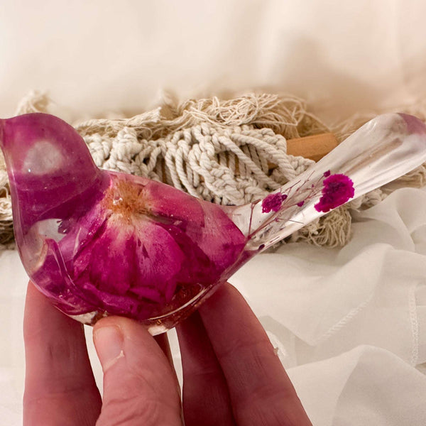 Wild Rose Glow Songbird - Handmade Pink Floral Resin Bird & Gold Leaf