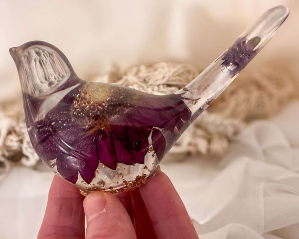 Enchanted Songbird - Handmade Purple Gerbera Daisy Resin Bird Decor