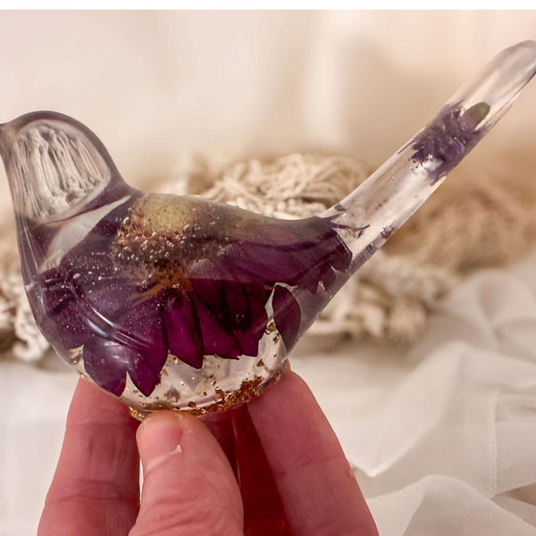 Enchanted Songbird - Handmade Purple Gerbera Daisy Resin Bird Decor