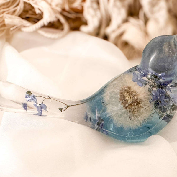 Forget Me Not Wishing Bird - Dandelion Puff Resin Blue Bird Decor
