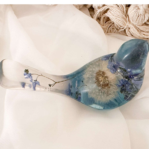 Forget Me Not Wishing Bird - Dandelion Puff Resin Blue Bird Decor