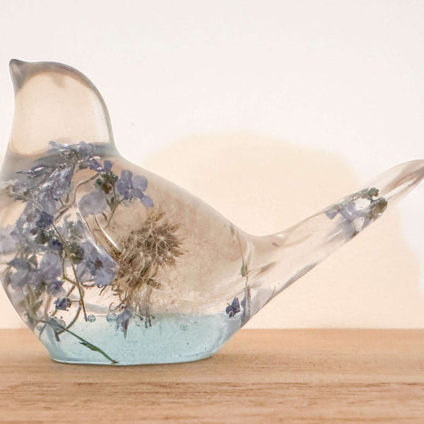 Forget Me Not Wishing Bird - Dandelion Puff Resin Blue Bird Decor