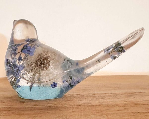 Forget Me Not Wishing Bird - Dandelion Puff Resin Blue Bird Decor