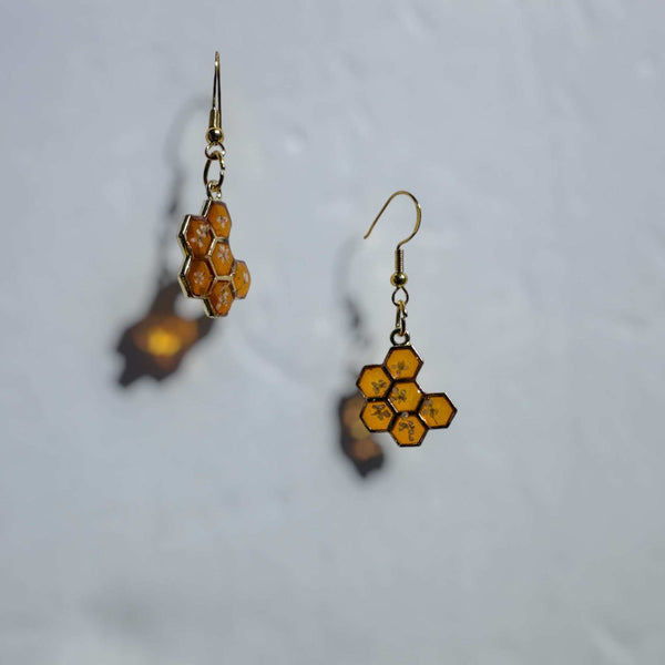 Bee -utiful Bee Drop Earrings Handmade with Flowers & Resin Honeycombs