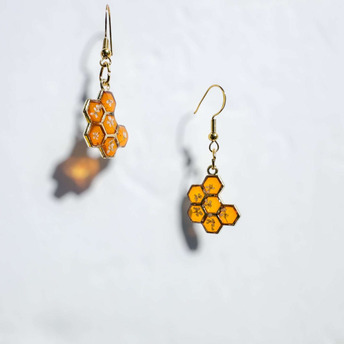 Bee -utiful Bee Drop Earrings Handmade with Flowers & Resin Honeycombs