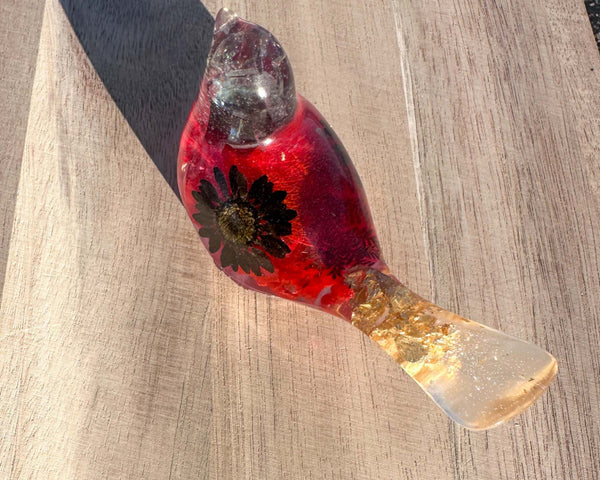 Midnight Bloom Cardinal Bird - Handmade Resin Bird with Dried Flowers