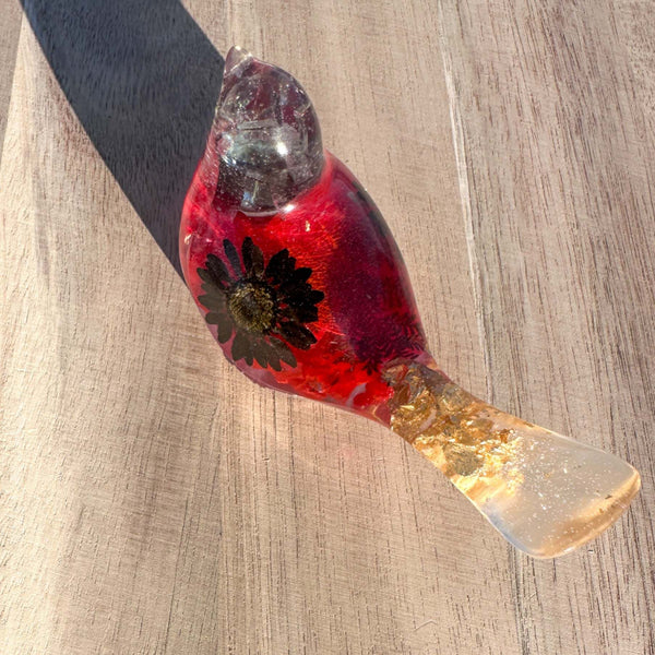 Midnight Bloom Cardinal Bird - Handmade Resin Bird with Dried Flowers