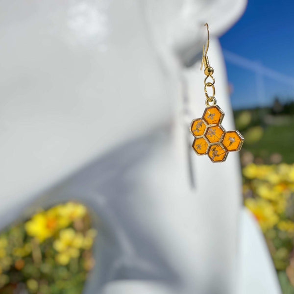 Bee -utiful Bee Drop Earrings Handmade with Flowers & Resin Honeycombs