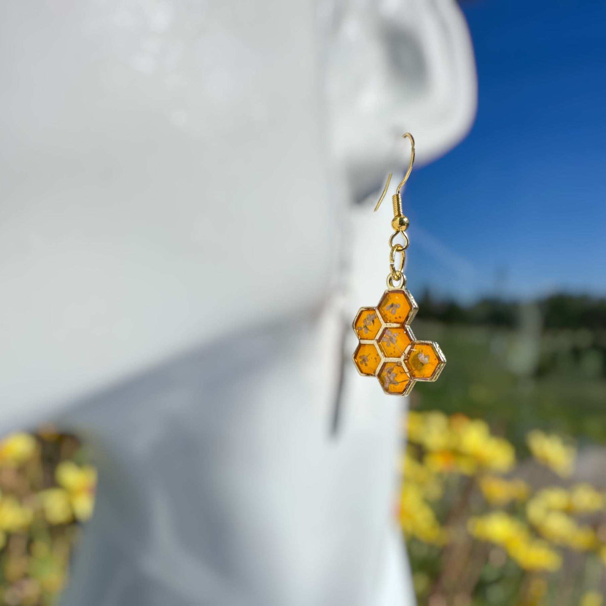 Bee -utiful Bee Drop Earrings Handmade with Flowers & Resin Honeycombs