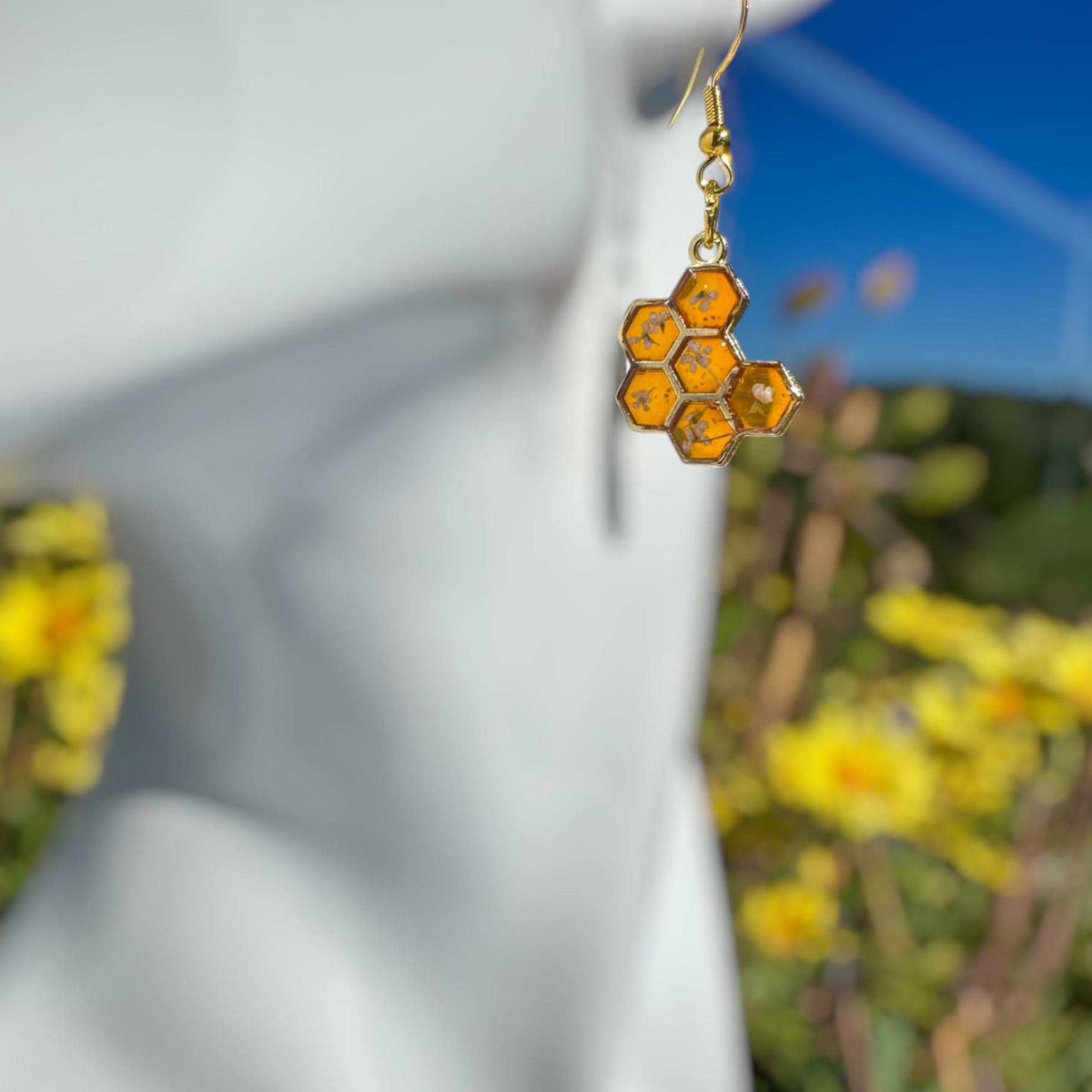 Bee -utiful Bee Drop Earrings Handmade with Flowers & Resin Honeycombs