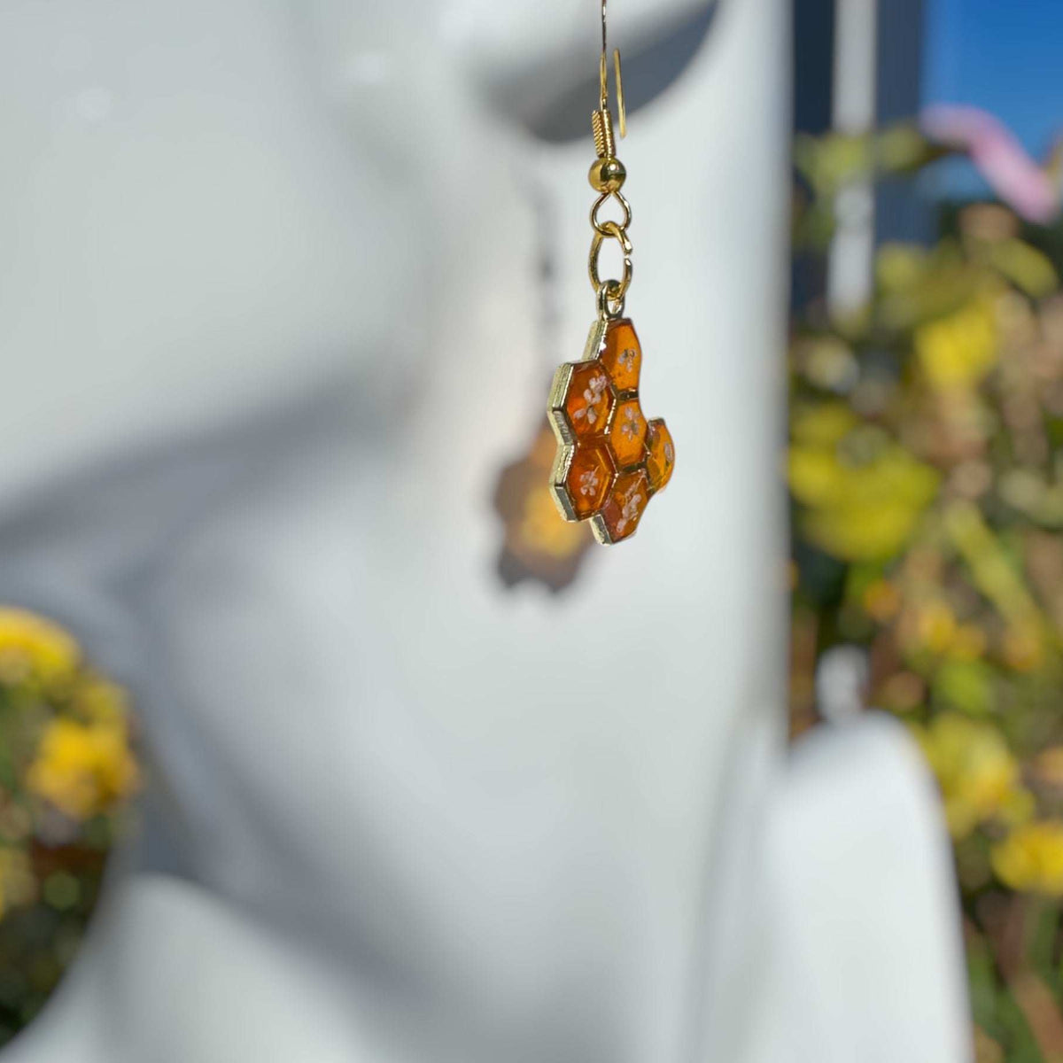 Bee -utiful Bee Drop Earrings Handmade with Flowers & Resin Honeycombs