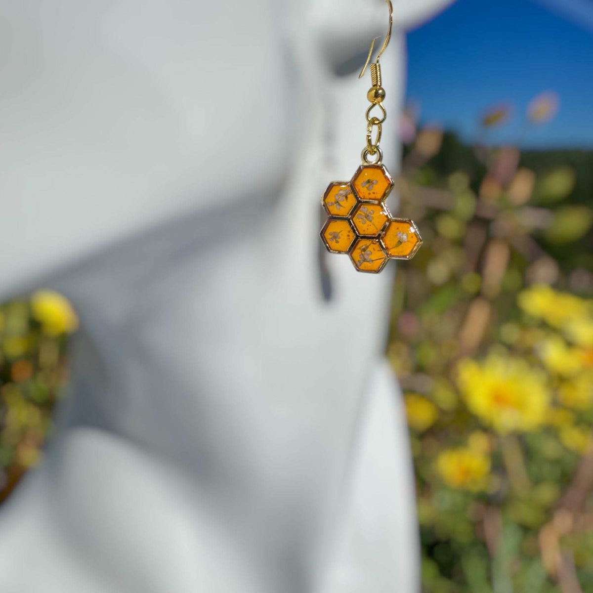 Bee -utiful Bee Drop Earrings Handmade with Flowers & Resin Honeycombs