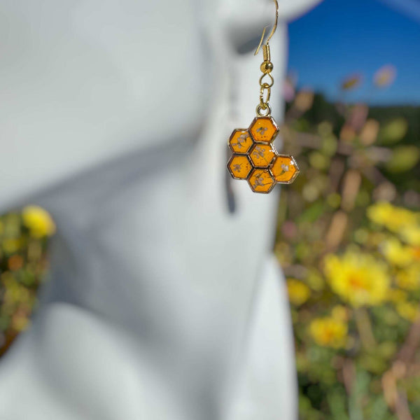 Bee -utiful Bee Drop Earrings Handmade with Flowers & Resin Honeycombs