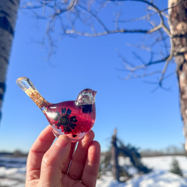 Midnight Bloom Cardinal Bird - Handmade Resin Bird with Dried Flowers