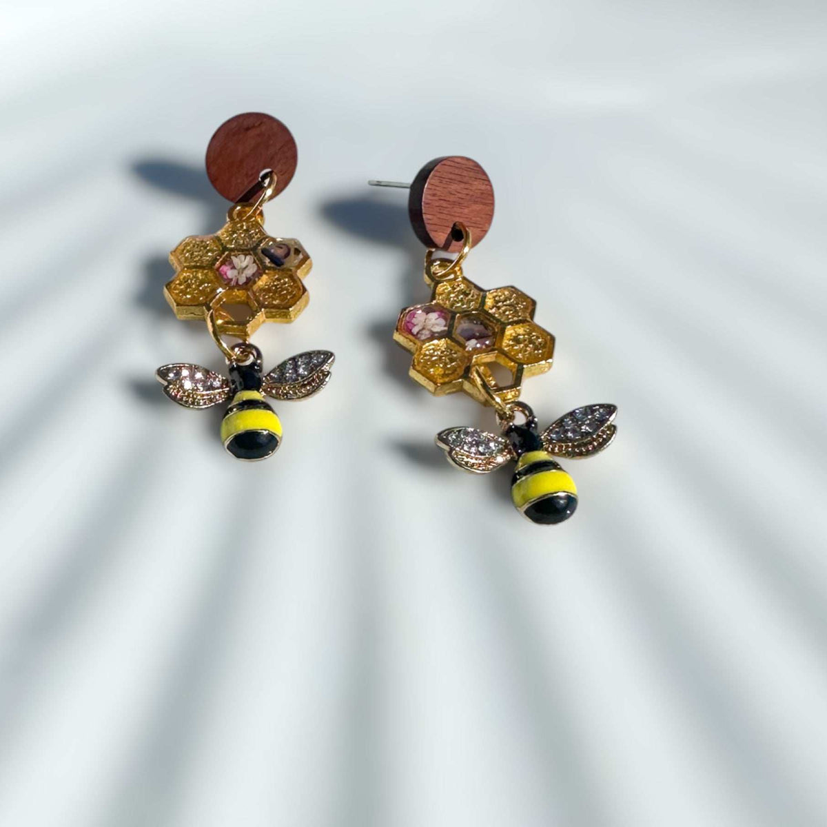 Bee -utiful Bee Themed Drop Earrings with Pressed Floral Honeycombs