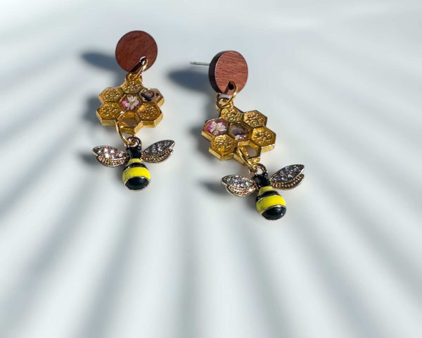 Bee -utiful Bee Themed Drop Earrings with Pressed Floral Honeycombs