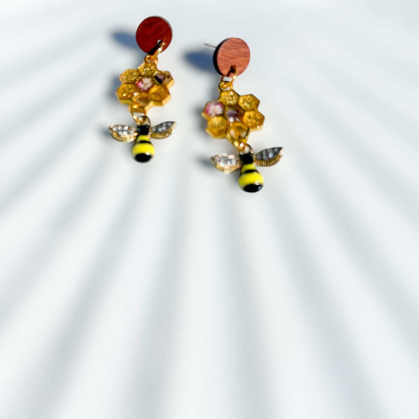 Bee -utiful Bee Themed Drop Earrings with Pressed Floral Honeycombs