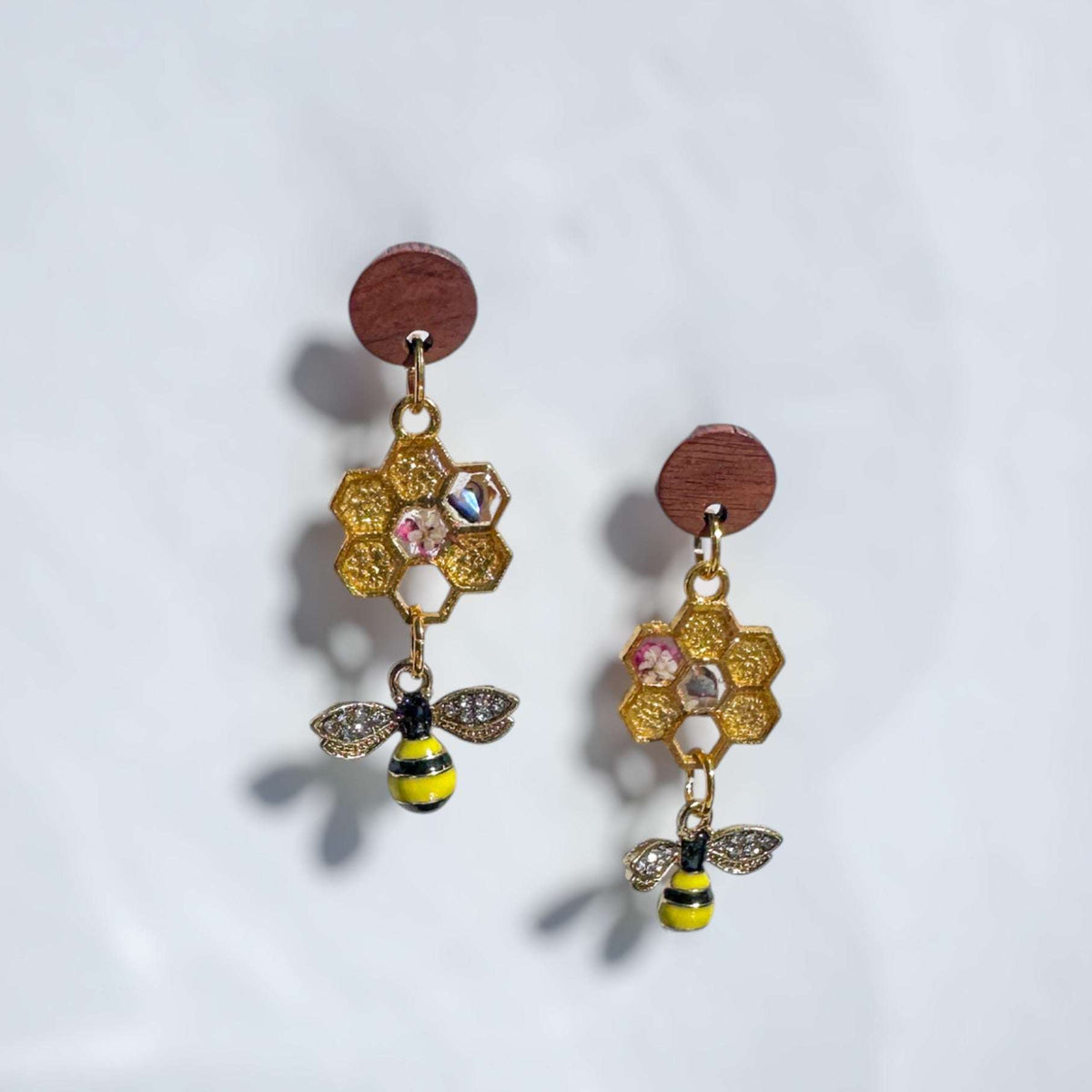 Bee -utiful Bee Themed Drop Earrings with Pressed Floral Honeycombs