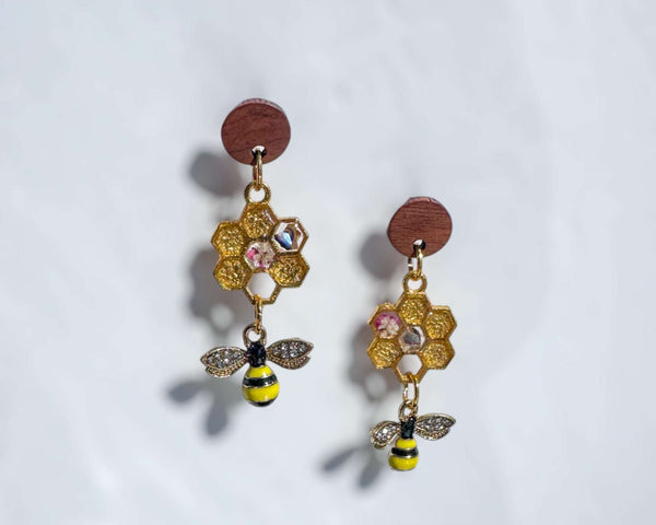 Bee -utiful Bee Themed Drop Earrings with Pressed Floral Honeycombs
