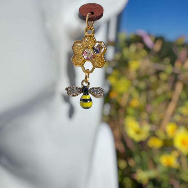 Bee -utiful Bee Themed Drop Earrings with Pressed Floral Honeycombs