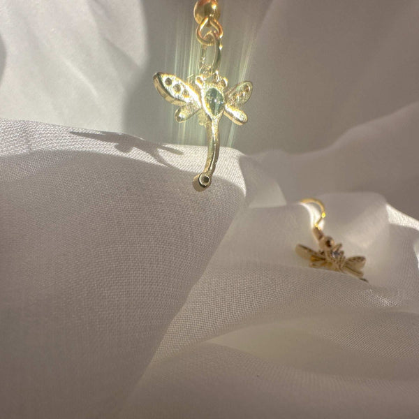 Dragonfly Earrings - Golden Winged Whispers Cubic Zirconia Dragonflies